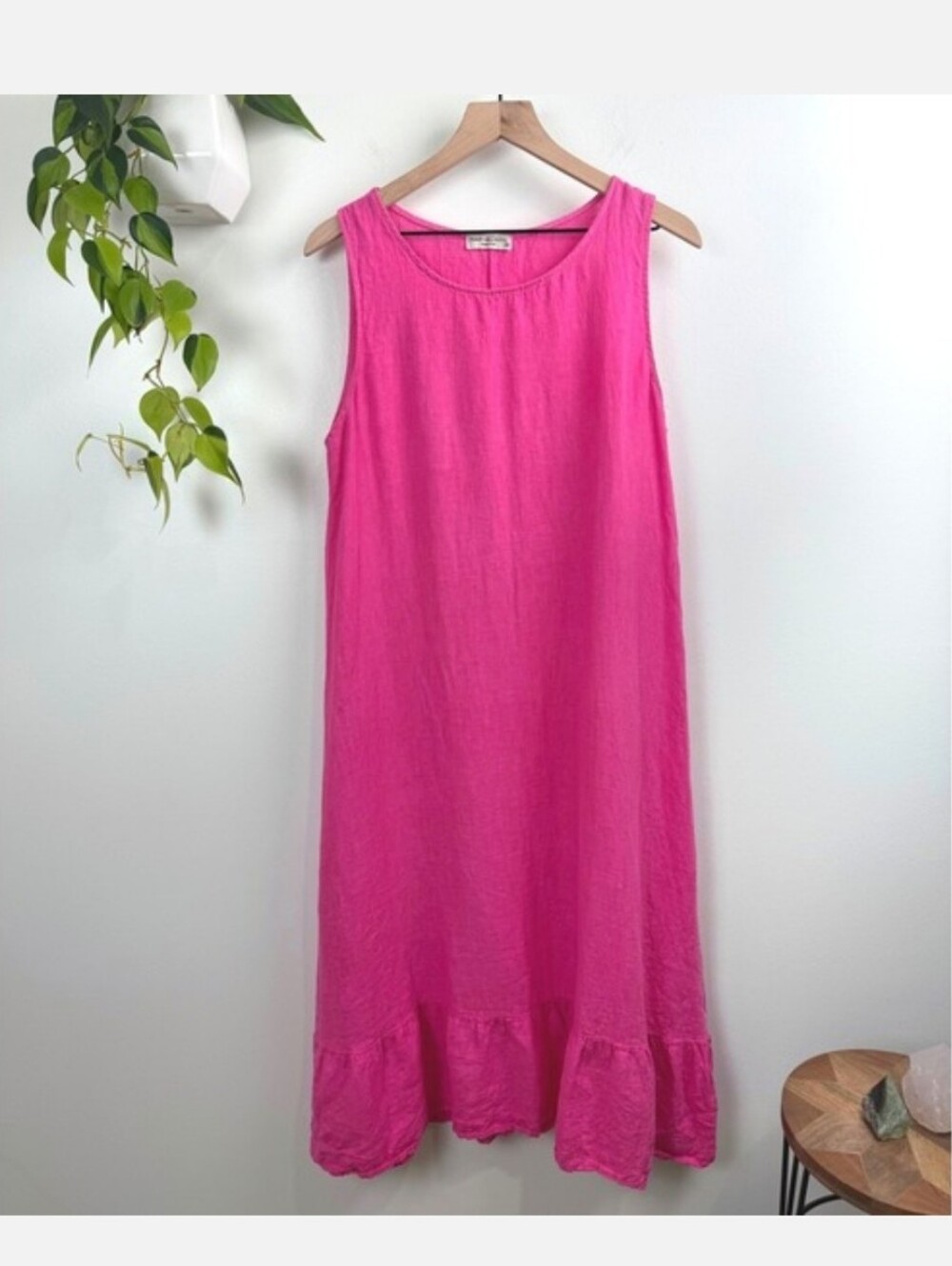 Terzo Millennio Hot Pink 100% Linen Ruffle Hem Midi Dress Made Italy Resort S XS